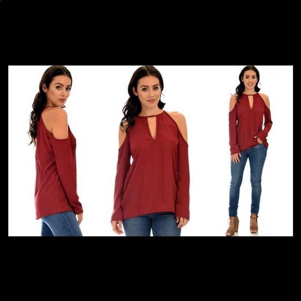 NWOT Red, long sleeve, cold shoulder blouse. Medium
